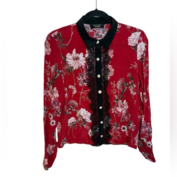 The Kooples Floral Lace Trim Pearl Button Down Blouse - Picture 1 of 6
